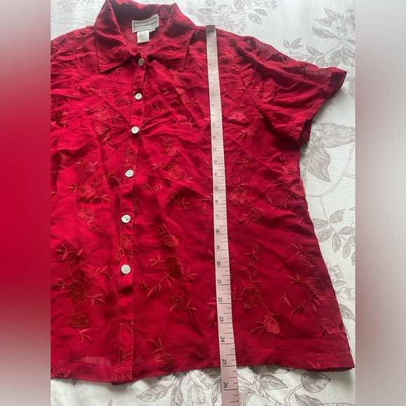 Vintage Red Floral Embroidered Sheer Button Down Shirt 90s Goth Vamp Fairy Boho - Picture 8 of 8